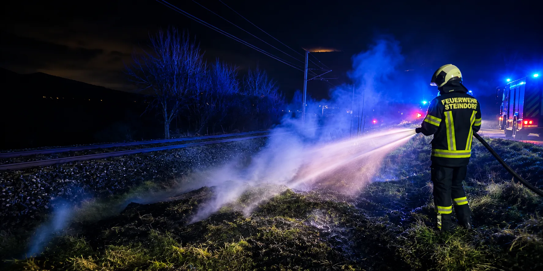 Feuerwehrmann im Löscheinsatz bei Nacht mit Atemschutz, Blaulicht der Einsatzfahrzeuge und Löschwasser im Scheinwerferlicht
